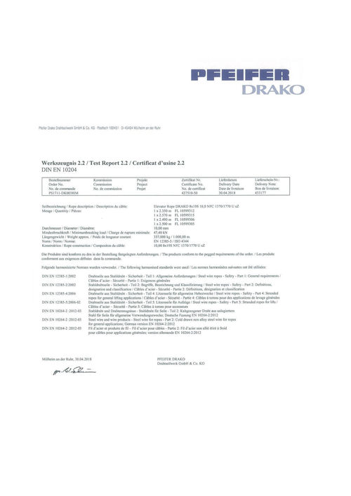Laatste bedrijfskennis over DRAKO-van de de Kabeltest van het Liftstaal het Certificaat exemplaar-DIN EN 10204